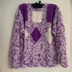 Vintage Vibrant Purple and White Women's Chunky Knit Sweater